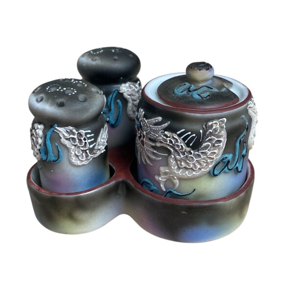 Vintage Japanese Moriage Dragonware Salt & Pepper + Mustard Pot 1920‑50s - Picture 6 of 6